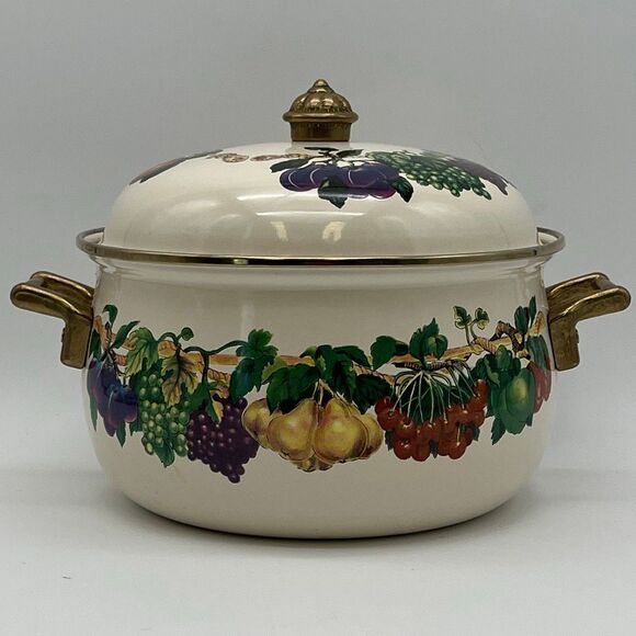 TABLETOPS UNLIMITED Pot and Lid Enamel Steel Heat Fruits Covered Serving Dish - Picture 5 of 14